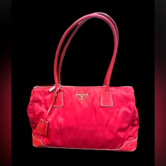 Vintage 2000s Prada Tessuto Shoulder Handbag Purse Nylon Leather Trim Red EUC - Picture 2 of 11